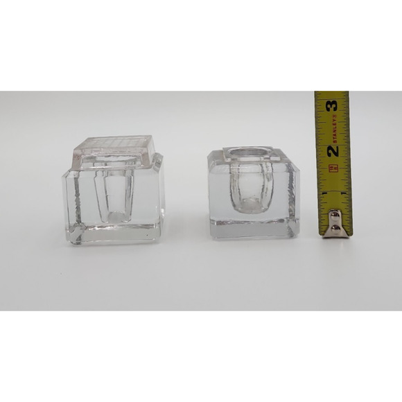 Set of 2 Vintage Glass Inkwells – Art Deco Clear Desk Paperweights, 1 w/ Lid - Picture 7 of 8